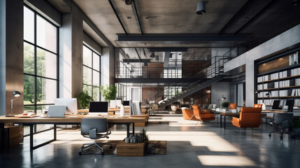 Modern office interior in loft, industrial style. - obrazy, fototapety, plakaty