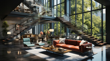 Modern office interior in loft, industrial style. - obrazy, fototapety, plakaty