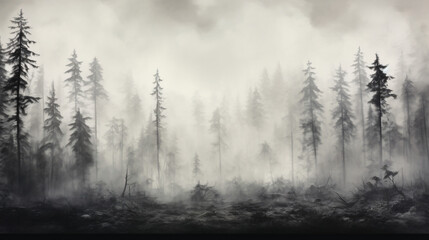 Fototapeta na wymiar A painting of a forest with fog and trees