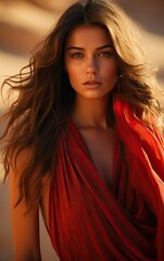 Gorgeus Young Woman in the middle of the Desert with  a Red Long Dress. Blurred Background, Focus on Subject.