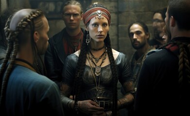 A free-spirited woman with vibrant braids and a bold red headband commands the attention of a group of men, exuding a sense of native american influence and cinematic charm in her eclectic clothing c