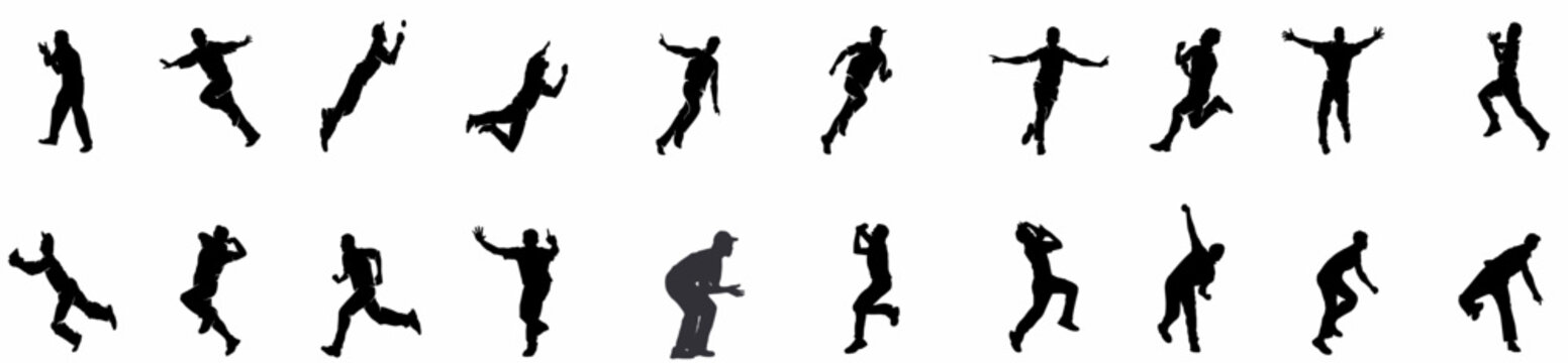 Silhouette of cricket player. Bowler bowling in different action, running for catch, keeping and fielding. 
