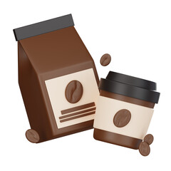 Coffee Cup And Coffee Beans Bag 3D Icon