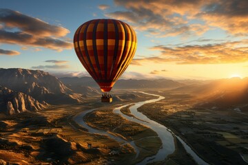 A serene and peaceful scene of a solitary hot air balloon floating gracefully over a tranquil landscape during sunset, capturing the magic of ballooning
