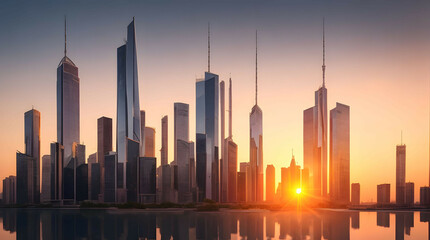 Capture a stunning city skyline at sunset, showcasing the sleek lines and innovative designs of modern skyscrapers.