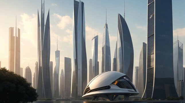 A stunning image capturing the futuristic and modern skyline of a city, featuring sleek skyscrapers and advanced architectural designs.