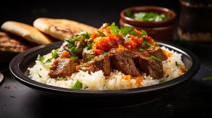 Foto op Plexiglas Arabic cuisine, Egyptian oriental Fettah with white rice and crispy bread topped with seasoned garlic red sauce,crispy fried garlic and veal chunks on rustic dark background. © Shahla