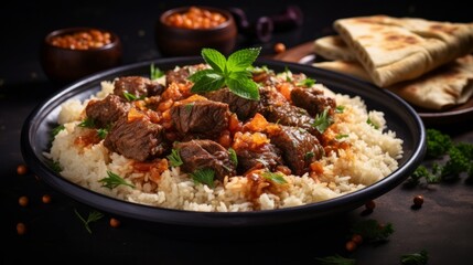 Arabic cuisine, Egyptian oriental Fettah with white rice and crispy bread topped with seasoned garlic red sauce,crispy fried garlic and veal chunks on rustic dark background.