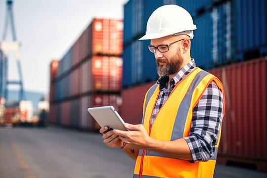 Man in uniform and protective helmet using tablet for container inspection, cargo and inventory checklist. Warehouse, supply chain worker working at a distribution customs job outdoors