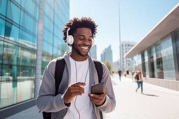 portrait of black stylish man walking on a sunny day with cell phone, wearing backpack and headset, in the city with skyscrapers - Powered by Adobe