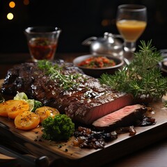 Amazing Steak over  a Professional Background. some Rosemarine and Vegetables. Huge Piece of Meat.