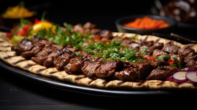 Assorted mix grills with tikka boti seekh kabab of chicken, beef, lamb, mutton bbq platter served in dish isolated on table top view of arabian food