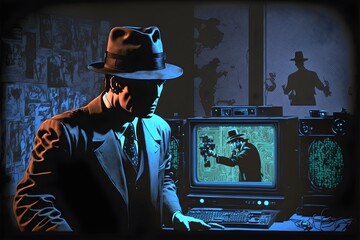 dvd screengrab 1982 dark film noir detective wearing fedora aiming with his gun face covered in shadow casted by fedora dark hitech room background with lots of old 1982 computer screens on walls  - obrazy, fototapety, plakaty