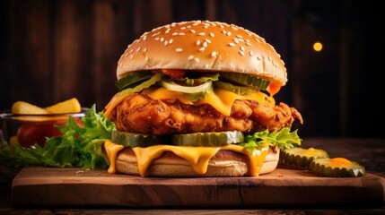 A substantial double cheddar cheeseburger featuring a crispy chicken cutlet—an indulgent, high-calorie option. Suitable for use in banners, menus, or recipe displays with space for text