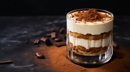 A traditional tiramisu dessert, elegantly presented in a glass, rests atop a stone serving board against a dark concrete background