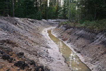  freshly dug ditch with water in forest