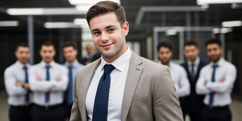 A successful team leader standing in front of the team, businessman, smiling, professional team concept