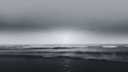 Fototapeta premium Tranquil misty coastal landscape with panoramic beach views. Black and white nature background.