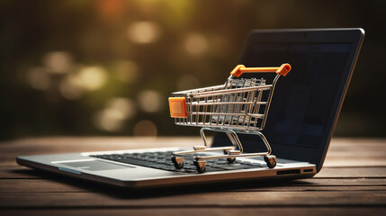 E-Commerce Concept: Online Business with Shopping Cart and Laptop Model