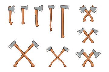 Wooden axe, crossed axe set logo. Rustic flat cartoon vector illustration on white background - obrazy, fototapety, plakaty