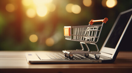 E-Commerce Concept: Online Business with Shopping Cart and Laptop Model
