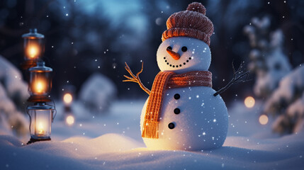 snowman standing in the night on the snowy background - obrazy, fototapety, plakaty