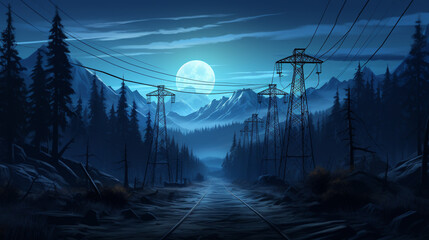 electricity towers and electrical poles in the night background