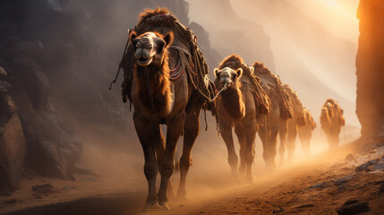 a group of camels walked through the desert sand