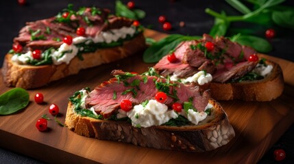 
Close-up view of smoked beef open-faced sandwiches featuring tomatoes, white cheese, and spinach, as seen from the top.