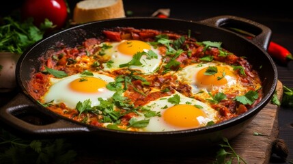 Tasty and Healthy Shakshuka in a Frying Pan. Eggs Poached in Spicy Tomato Pepper Sauce.