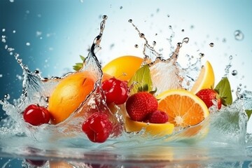 Fruit splash in water. Summer freshness. Generative AI