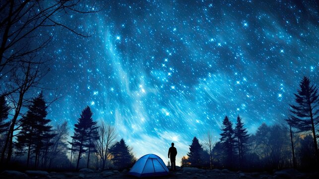 Night sky with stars and a silhouette of a standing happy man with blue light. Space background - travel people concept - free camping and outdoor adventure - discover the world lifestyle