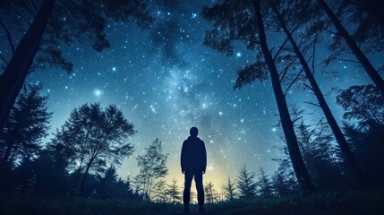 Night sky with stars and a silhouette of a standing happy man with blue light. Space background - travel people concept - free camping and outdoor adventure - discover the world lifestyle - obrazy, fototapety, plakaty