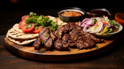 Turkish and Arabic Traditional Mix Vali Kebab Plate inside Adana, Urfa, Chicken, Lamb, Liver and Beef on bread on wooden background copy space