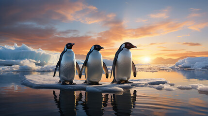 three penguins on an ice floe in ocean water in winter