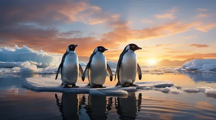 Fotobehang three penguins on an ice floe in ocean water in winter © alexkoral