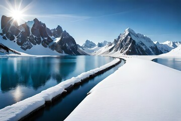 snow covered mountains,A Snowy Mountain Road Disappears into a Majestic Alpine Landscape,A Solitary Car Traces a Path Through a Serene, Snow-Blanketed Alpine Valley.