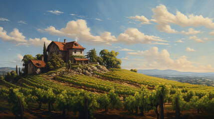 A painting of a vineyard with a house - obrazy, fototapety, plakaty