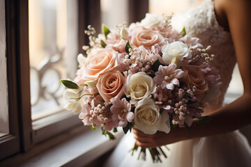 bride and groom with white dress, wedding table setting wedding cake and decoration rings	