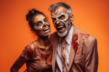Cheerful multicultural couple in zombie costumes joking and posing on orange background