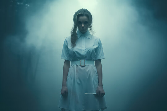 Nurse girl with a medical knife in her hand, surrounded by fog