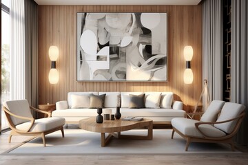 Contemporary Nordic lounge with wood furnishings, abstract artwork, and distinctive decorations. Generative AI
