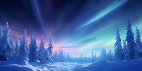  Aurora Borealis And Snowing Trees, A winter scene with a snowy landscape, generative Ai