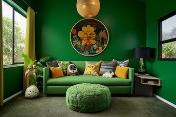 Vibrant kid-friendly room in green, with room for personal touch. Generative AI