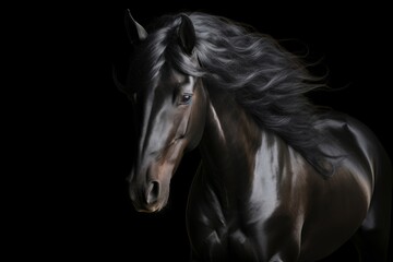 Portrait of black stallion Horse with long mane. Generative AI  - obrazy, fototapety, plakaty