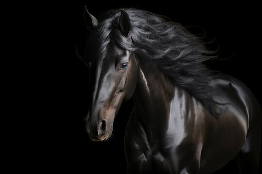Portrait of black stallion Horse with long mane. Generative AI 