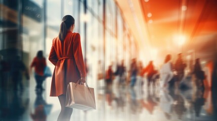 Blurred background of a modern shopping mall with mannequins in fashion shopfront. Pastel warm colors. Abstract motion blurred outlet.