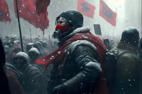 screenshot from a 2056 futuristic film futuristic communist guerillas fighting in the snow against the government soldiers are holding red banners hyperrealistic realistic cinematic shot 