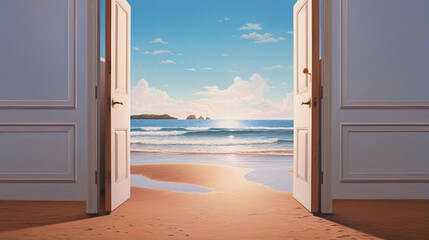 A painting of an open door leading to a beach view.