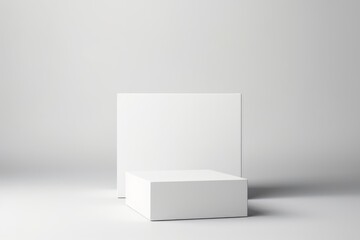 White square podium on white background. Showcase for cosmetic products, goods, shoes, bags, watches. Generative AI  - obrazy, fototapety, plakaty